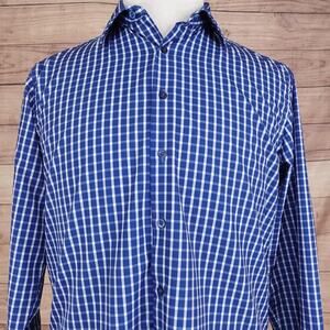 Nautica Button Down Shirt Mens 15-15.5 32/33 M Blue Check Slim Fit Stretch